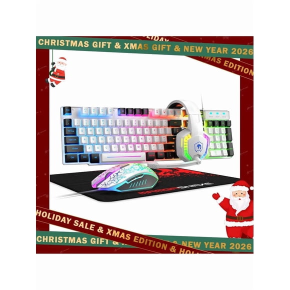 ATTACK SHARK MANBASNAKE Wired Gaming Keyboard And Mouse Headset Combo,Rainbow LED Backlit Wired Keyboard,Over Ear Headphone With Mic,Rainbow Backlit Gaming Mice,Mouse Pad,For PC,Laptop, Christmas