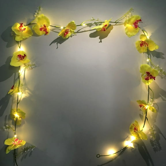 Artificial Yellow Orchid Vine Lights,Faux Phalaenopsis and Lily of The Valley Flower Vine Garland with 2 m 20LED Battery Powered Fairy String Lights for Valentines Day Wedding Party Arrangement
