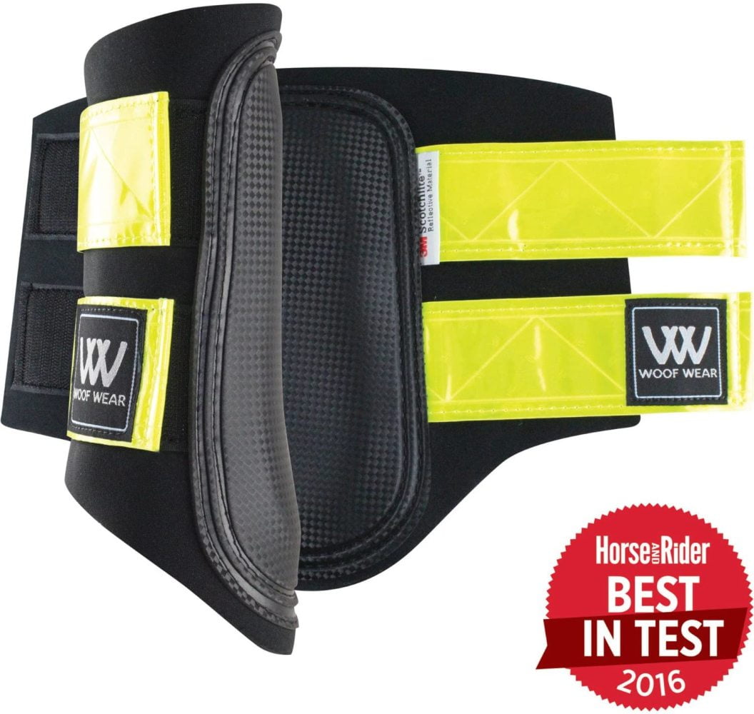 WOOF WEAR CLUB BRUSHING BOOT HORSE/PONY IN REFLECTIVE BLACK/YELLOW S/M//L/XL 