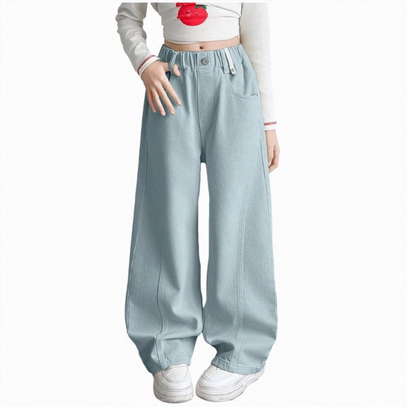 Leey-World Girl's Elastic High Waist Ripped Baggy Jeans Wide Leg Distressed Denim Pants Girls Clothes Size 14-16(Light Blue,7-8 Years)