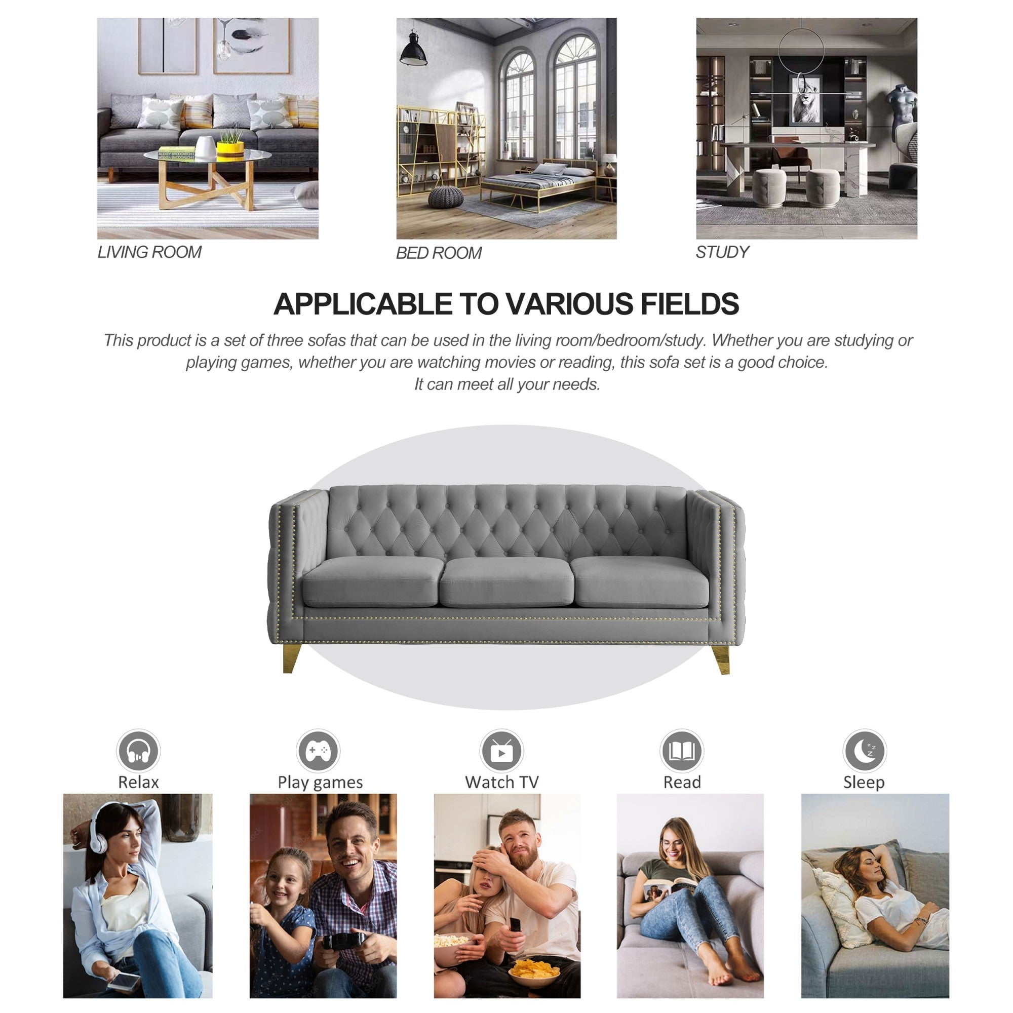 Sailvan 67" Modern Velvet Sofa, Button Tufted Chesterfield 3-Seater Couch with Nailhead Trim and Metal Legs for Living Room Gray