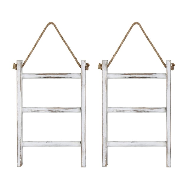2X Wall-Hanging Towel Ladder Rustic Whitewashed Wood Countertop Ladder Farmhouse Decor Towels Rack with Adjustable Rope,2 x Towel rack,White&Wood