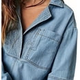thumbnail image 3 of Women's Denim V-Neck Pullover Shirt, Oversized Drop Shoulder Long Sleeved Jean Shirts, Trendy Loose Fit Turndown Jacket, 3 of 7