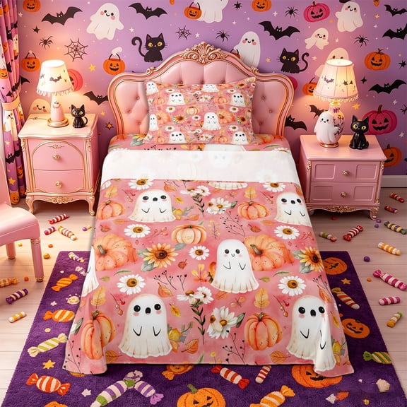 Manfei Cartoon Watercolor Ghost Pumpkin Twin Sheets 3pcs, Halloween Fall Sunflower Daisy Bedding, Pink Orange White,1 Fitted Sheet, 1 Flat Sheet and 1 Pillowcase