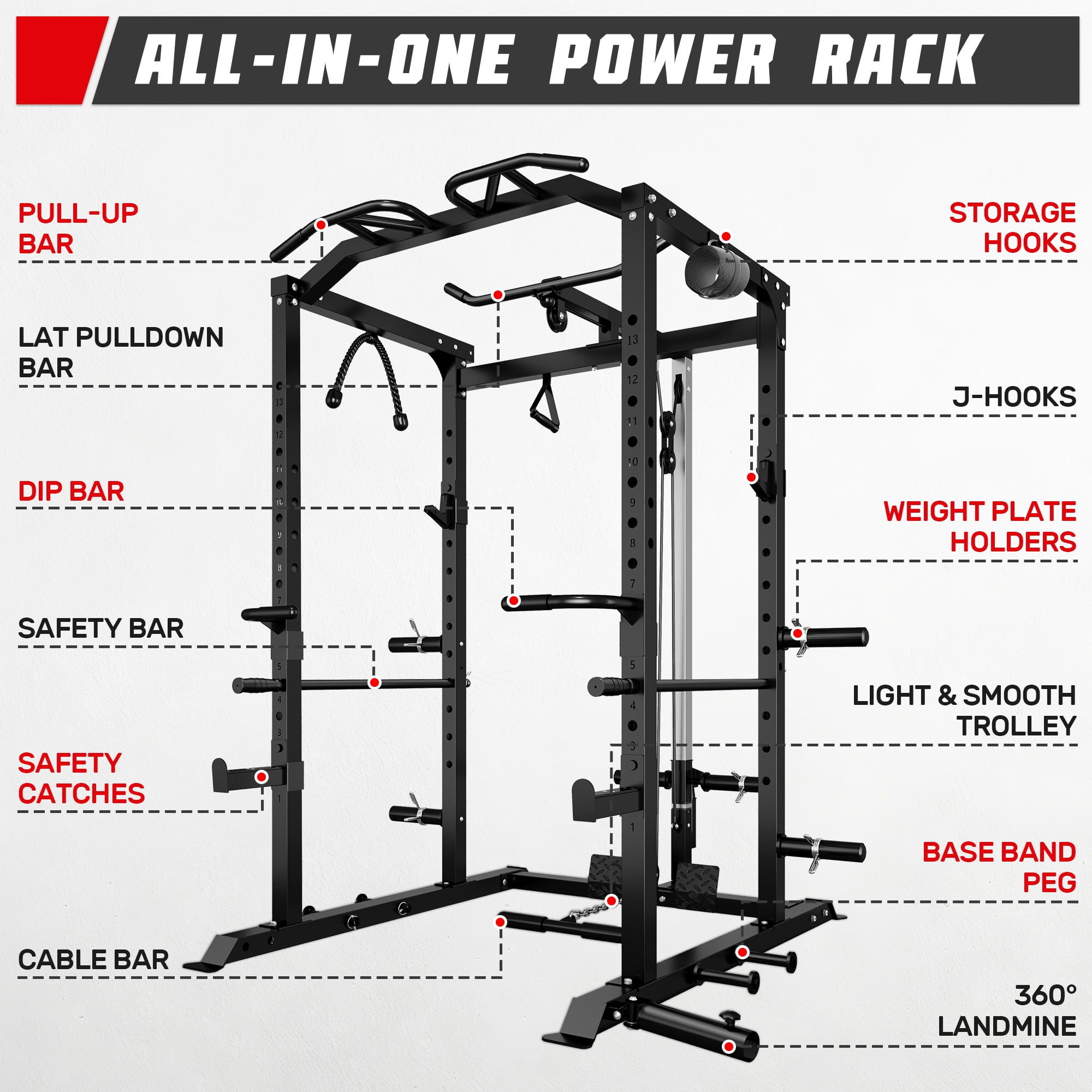 Power Cage, 2000LBS Squat Rack with LAT Pulldown, Multi-Function Weight Cage Strength Training Machine, Workout Cage with More Attachments for Home Gym Garage