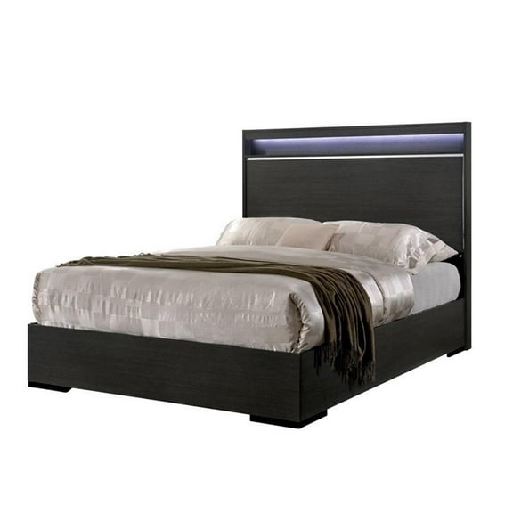 Bowery Hill Contemporary Wood Queen Panel Bed with LED Lights in Gray