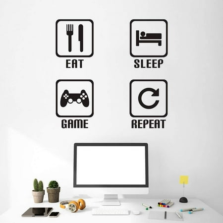 QTH Eat Sleep Game Repeat Wall Sticker Gaming Gamer Wall Sticker Minecraft Game Room Decor Children Gift Nursery Boys Room Wall Vinyl Decal Lettering Stickers Home Decor