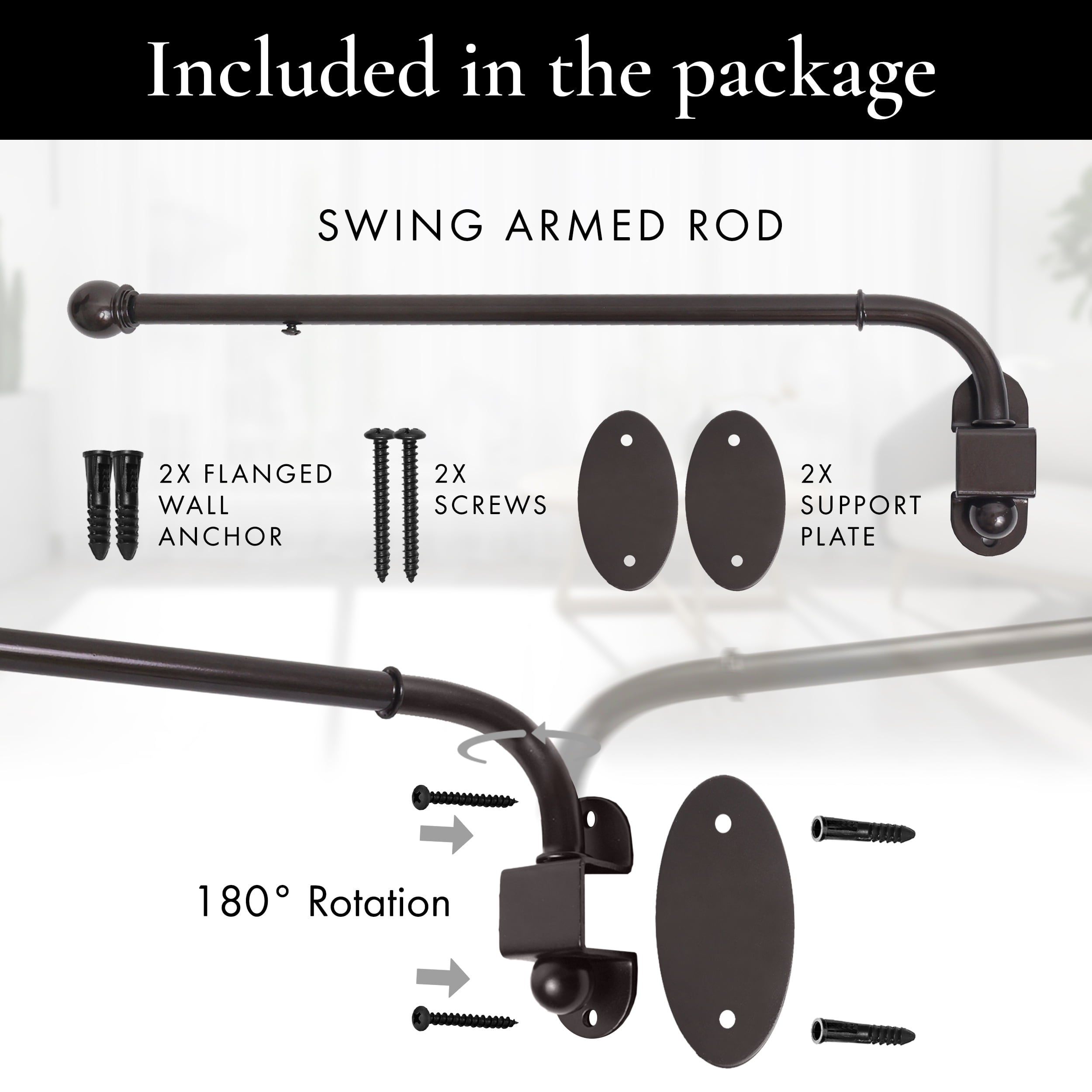 MERIVILLE 14"-24" Swing Arm Curtain Rod, 1/2" Diameter, Oil-Rubbed Bronze, 2 Pieces