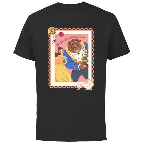 Disney Princess Belle Beast Valentines Day Filled with Roses - Short Sleeve Cotton T-Shirt for Adults - Customized-Black
