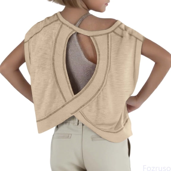 Fozruso Girls Loose Casual Short Sleeve Fitness T Shirt Backless Top Backless Yoga Sports Short Running T Shirt (4y 12y) Basic Tees,Sizes 4-5 Years Beige