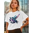 thumbnail image 5 of Women's T-Shirt Colorful Animal Hummingbird Flowers Short Sleeve Casual Tee Classic Crew Neck T Shirt for Women White, XS, 5 of 7