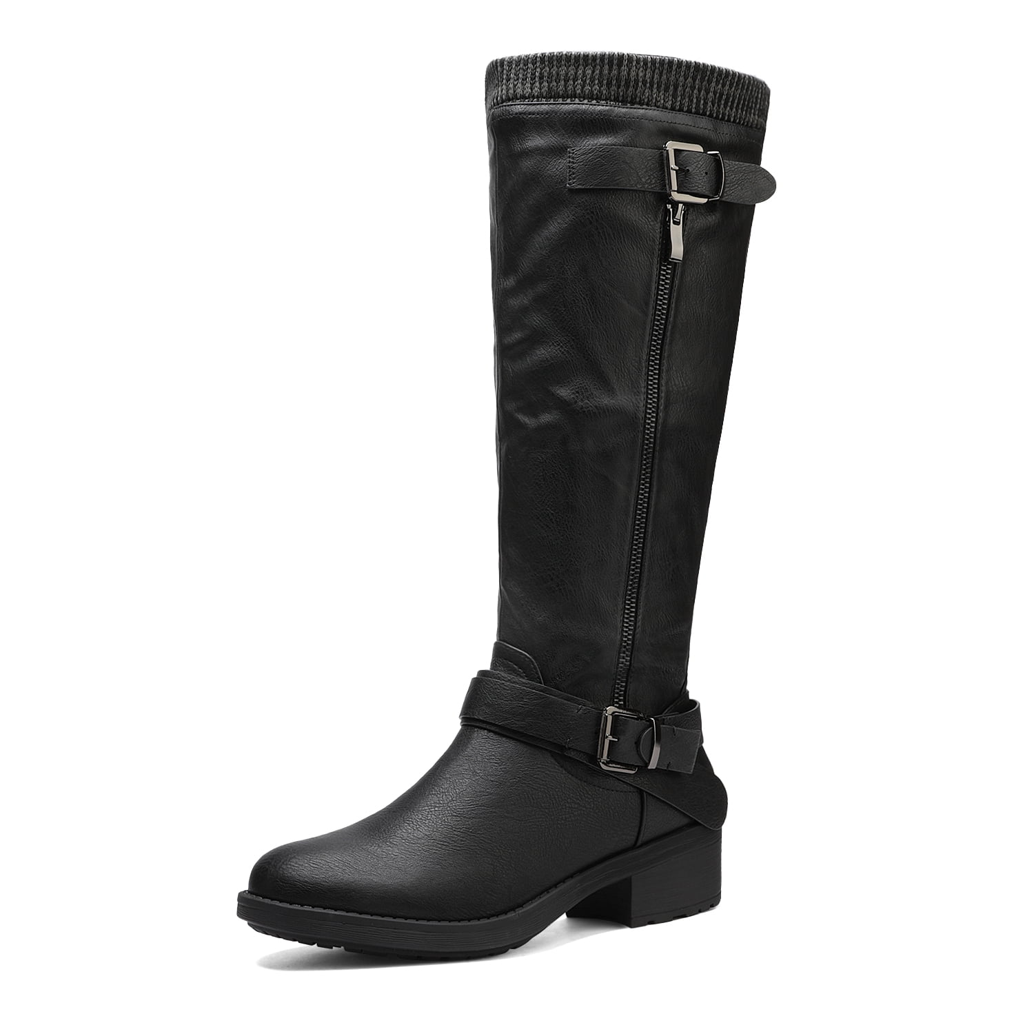 DREAM PAIRS Women's Low Heel Knee High Riding Boots Zipper easy on(WideCalf) TURTLEW BLACK