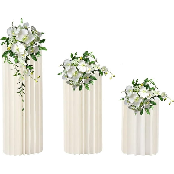 Foldable Paper Columns 3 Pcs Display Pedestals, Cream White Wedding Centerpieces Display, Cylinder Flower Stand, Paper Roman Pillar for Engagement Birthday Party Decoration - 20 Folds, M L XL