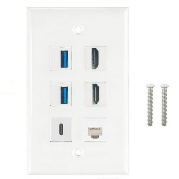 HDTV USB3.0 CAT6 Wall Plate 6 Port Outlet Wall Plate 2x HDTV Keystone Port 2xUSB3.0 1x Type C 1x CAT6 RJ45 Face Panel