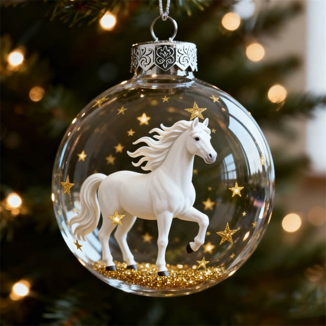 Colección de Adornos Navideños de Caballos | Bolas de Acrílico Transparente con Adornos Metálicos y Purpurina Dorada | Juego de 8 Adornos Ecuestres para Decorar El Árbol