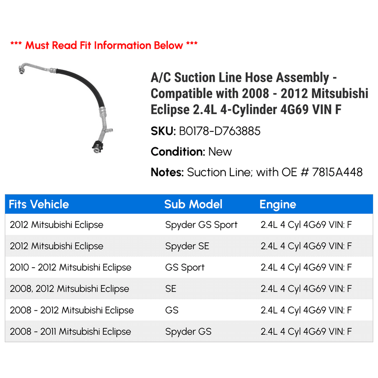 A/C Suction Line Hose Assembly - Compatible with 2008 - 2012