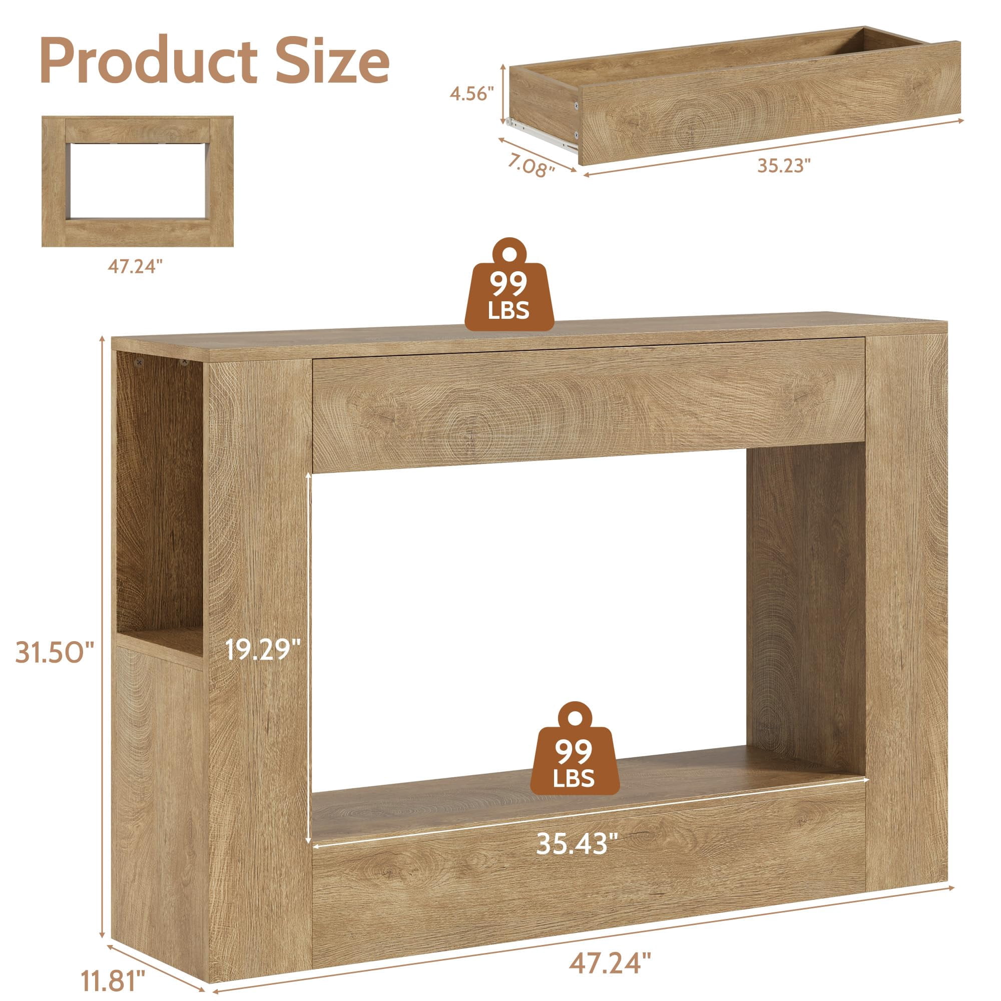 Vividwood 47" Farmhouse Wood Console Table with Drawer and Storage Shelves, Natural