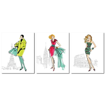 - Trendy New York, Paris and Rome Fashionista Landmark Set by Anne Tavoletti; Three 8x10in Paper Posters