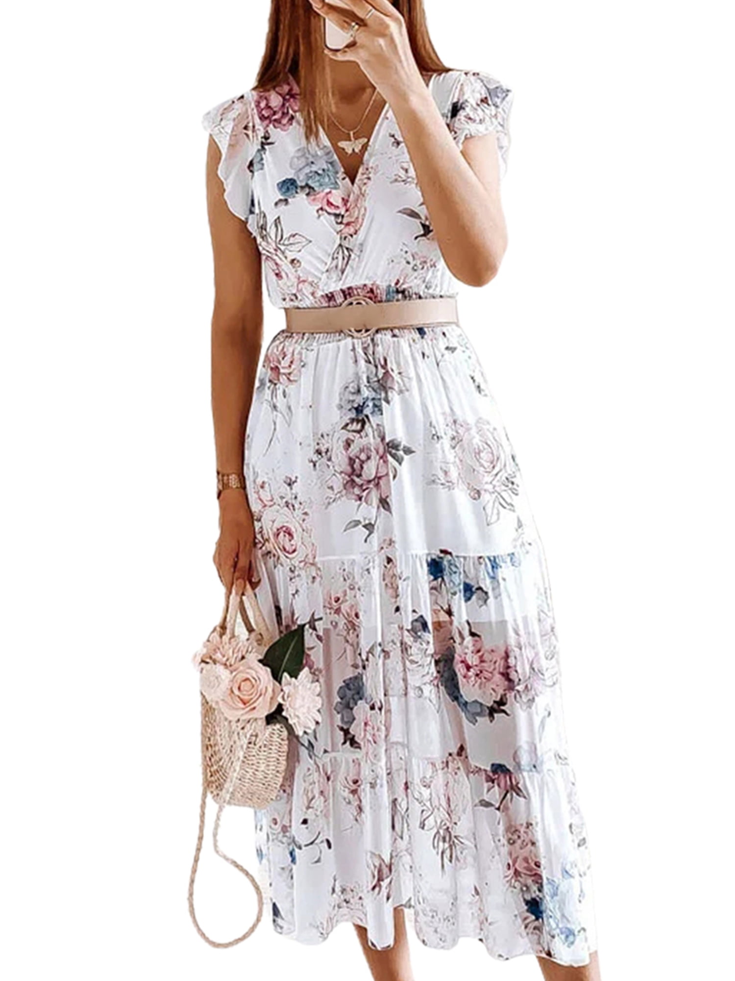 Julycc Womens Short Sleeve V Neck Floral Maxi Dress Casual Work Long Dress