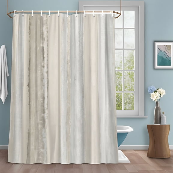 Gradient Abstract Shower Curtain with Hooks, Beige White Gray Striped Simple Water Repellent Shower Curtains for Bathroom Decor Sturdy Shower Curtain, Machine Washable 54x78 Inch