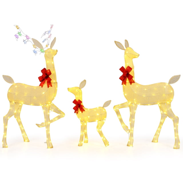 Gymax 3 PCS Lighted Family Deer Set w/ LED Lights RGB Flashing Lights 12 Ground Stakes
