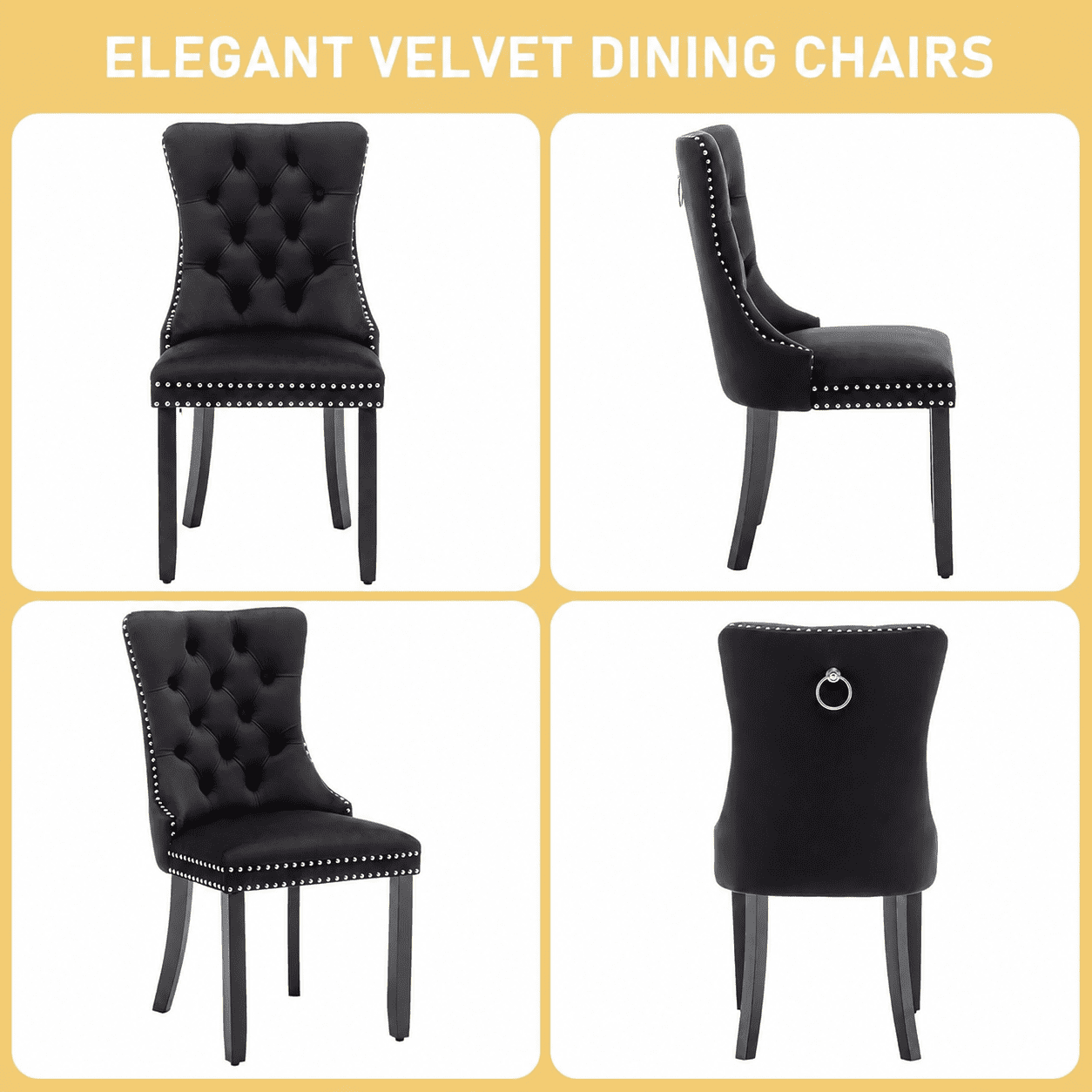 LegaHome Dining Chairs Set of 2, Velvet Upholstered Dining Chair with Nailhead Trim&Solid Wood Legs, Button Padded Dining Chairs Set for Kitchen Dining Room Living Room, Black
