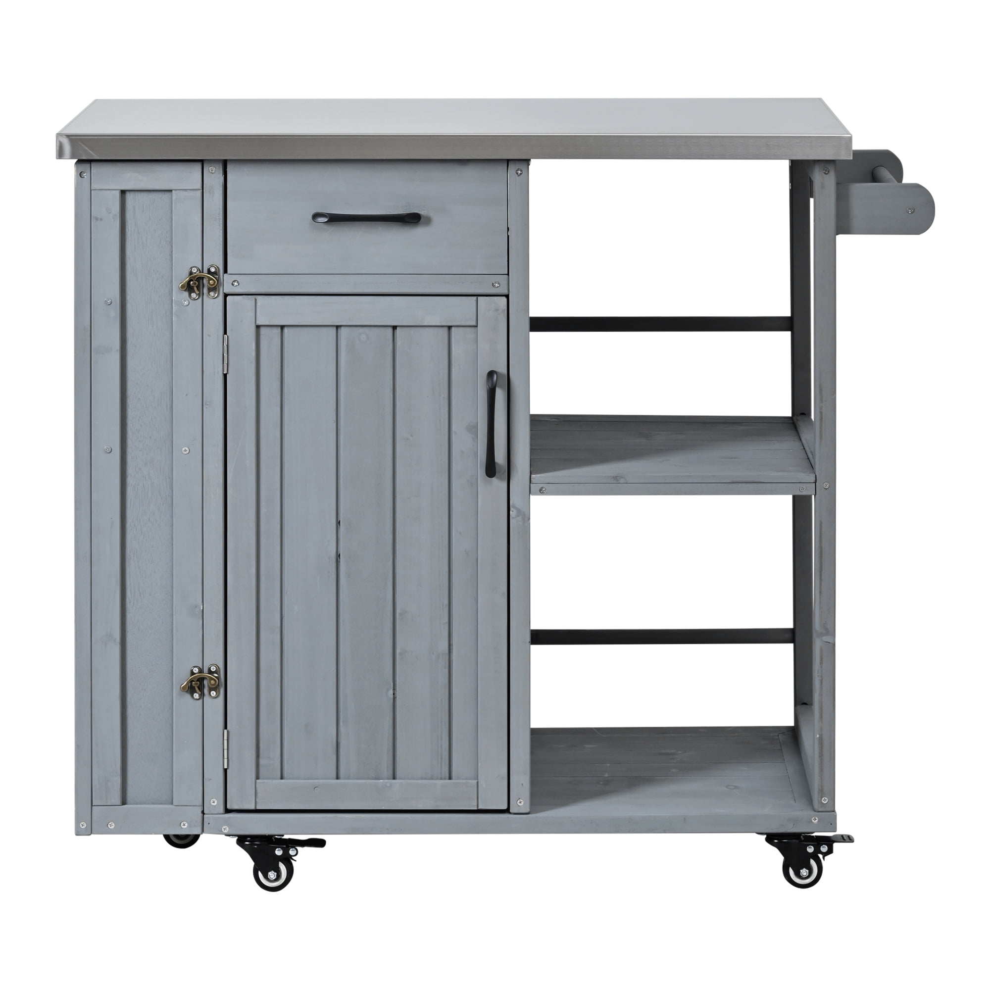 Fir Wood Kitchen Prep Station, Lockable Outdoor Cart with Stainless Steel Top for Patio, Grey