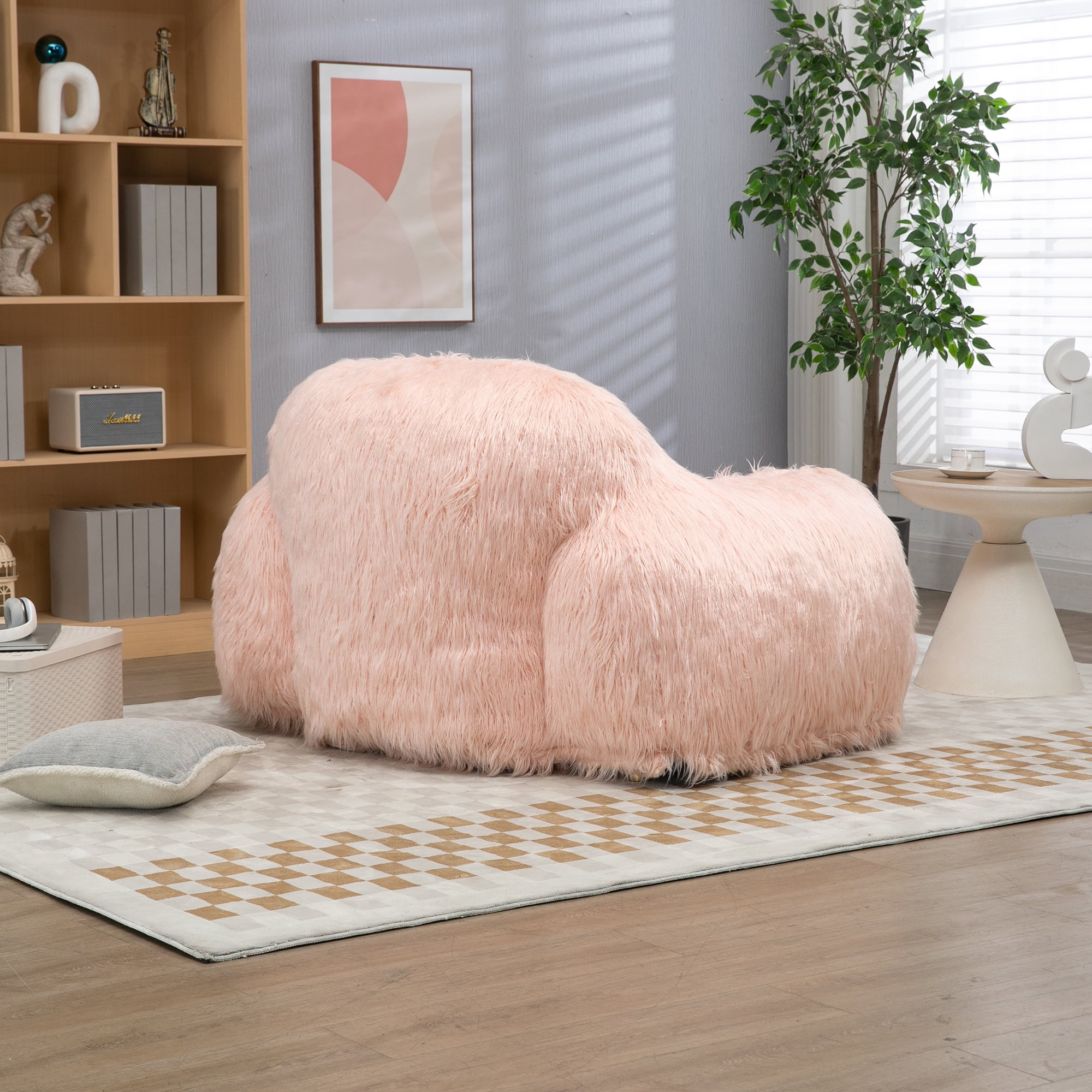 Large Comfy Faux Fur Bean Bag Chair, Modern Soft Fluffy Plush Chair Lazy Sofa with Footrest, Armrests and High Density Foam Padded for Adult, Teen, Pink