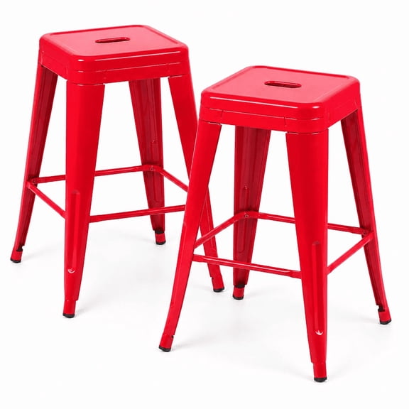 24 Inch Backless Metal Counter Stool Set of 2, Red, Stackable with Carry Hole and Footrest