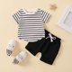 thumbnail image 3 of Gibobby Camisa&nbsp;Vaquera Niños pequeños de verano de manga corta a rayas estampados Tops pantalones cortos 2 uds conjuntos de ropa para niños ropa（Blanco， 6-12 Meses), 3 of 4