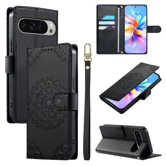 Leather Case For Google Pixel 9 Pro XL / Pixel 10 Pro XL 6.8",Embossed Totem Wallet With Card Holder,Wristband, Shockproof Kickstand Magnetic Cover,Black