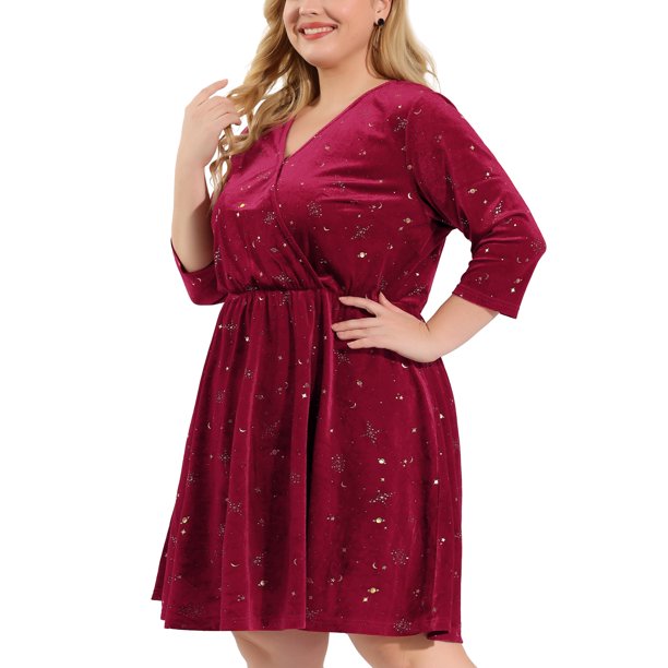 Women's Plus Size Dress Wrap Velvet V Neck 3/4 Sleeve Shiny Midi Party Dresses Burgundy 4X