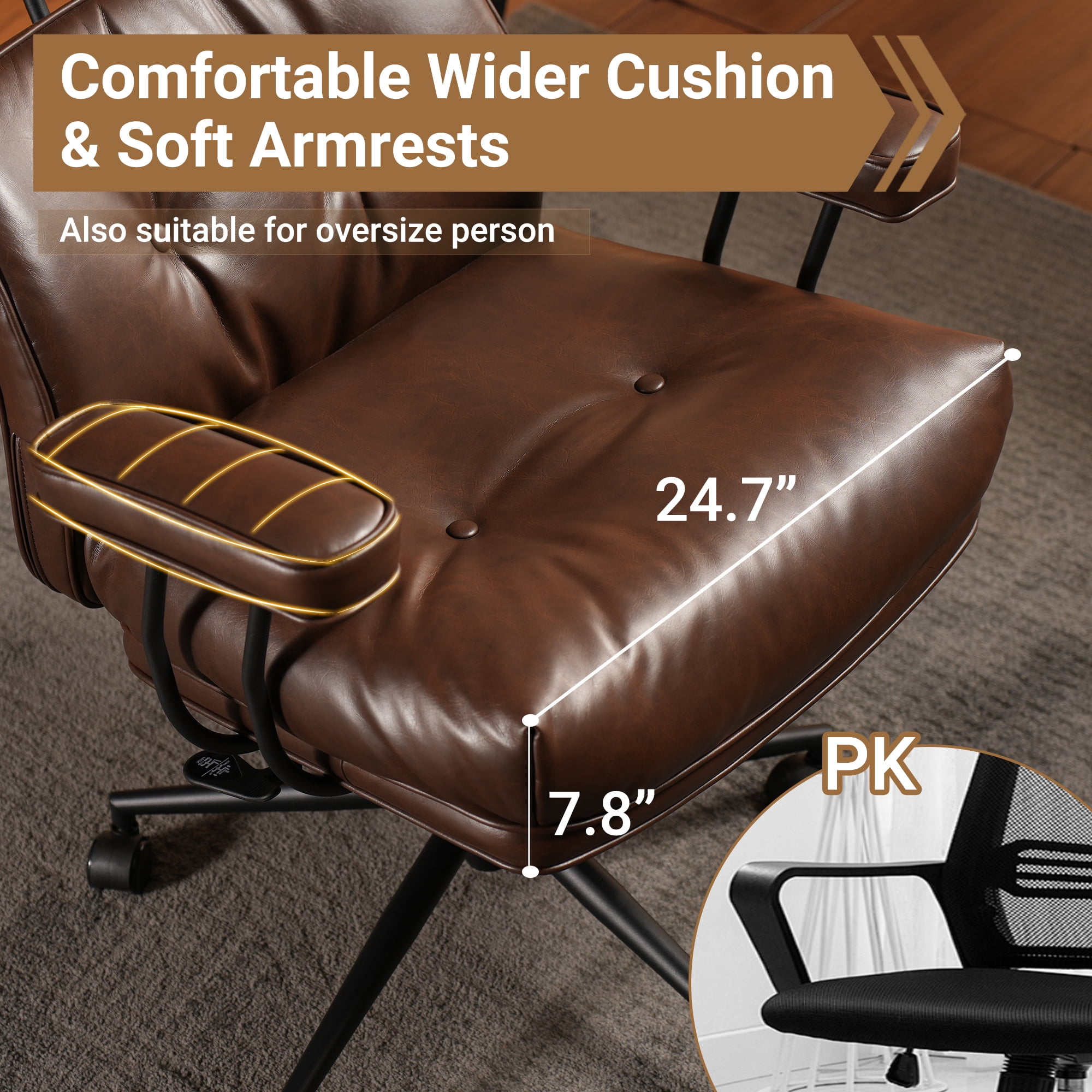 Ovios PU Leather Office Chair High Back Ergonomic Desk Chair with Lumbar Support Mid-Century Executive Computer Chair with Wheels for Home Office, Dark Brown
