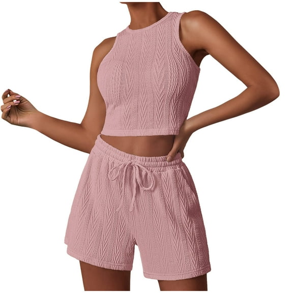 Maean Trendy Two Piece Summer Outfits for Women Sleeveless Tank Crop Tops and Drawstring High Waist Shorts Sets