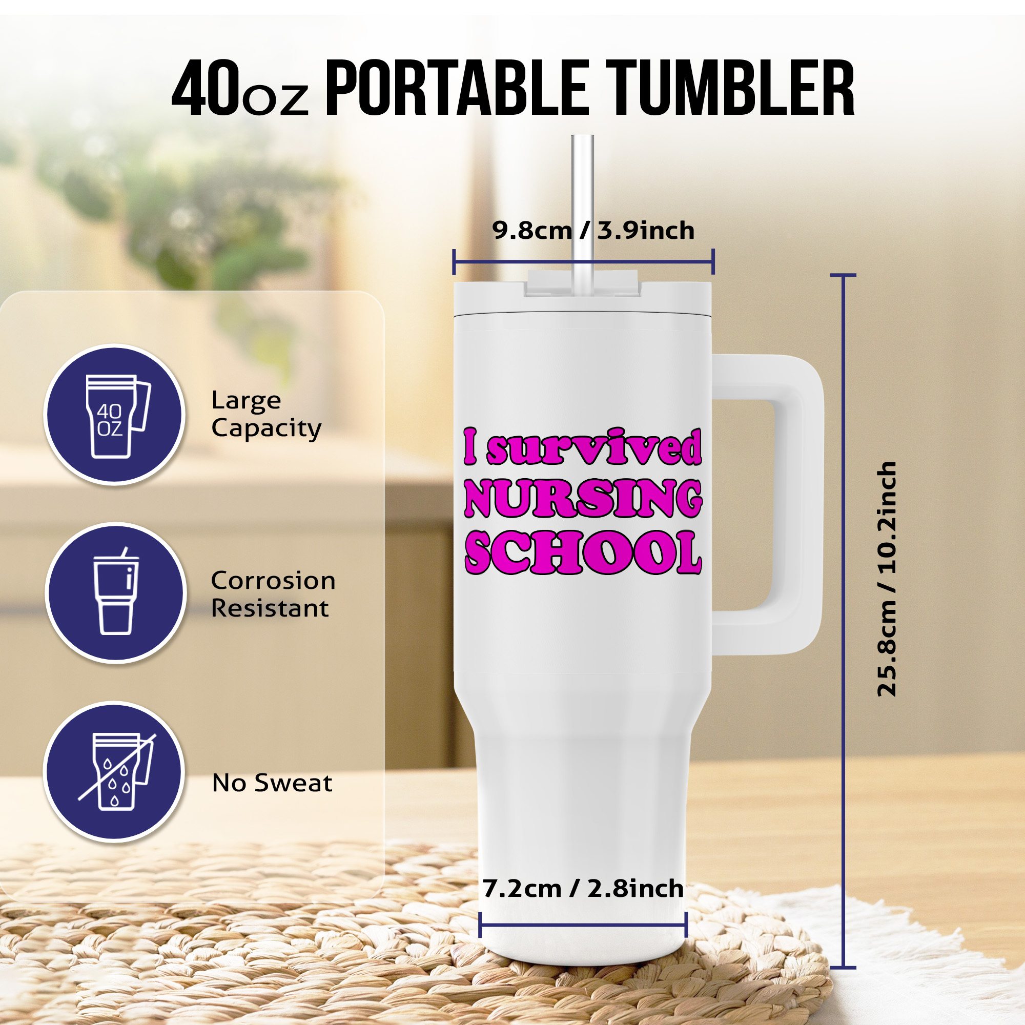 3dRose, I Survived Nursing School Pink, 40oz Tumbler