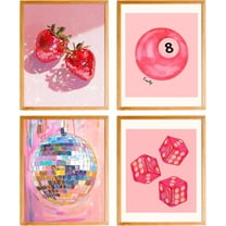 Funky Trendy Y2K Pink Wall Art, Y2K Room Decor, Retro 8 Ball Disco Strawberry Lucky Dice Posters, 8x10 Inches Set of 4 Unframed