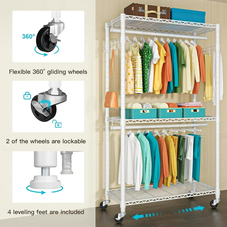 Heavy Duty Garment Rack 3 Tiers Adjustable Rolling Metal Closet Organizer with Lockable Wheels FreeStanding Wardrobe with Double Hanger Rods 1 Pair Hooks Max Load 450 LBS White Walmart