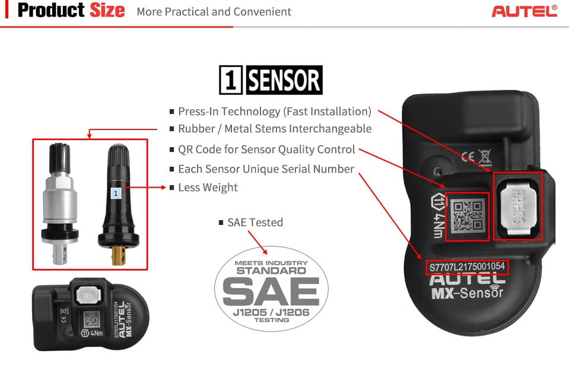 Autel MaxiTPMS MX Sensor Rubber Stem TPMS Sensor 315MHz/433MHz Universal Tire Replacement Sensor Work With TS401 TS408 TS501 TS508 TS601 TS608 MK808TS MX808TS MS906TS ITS600