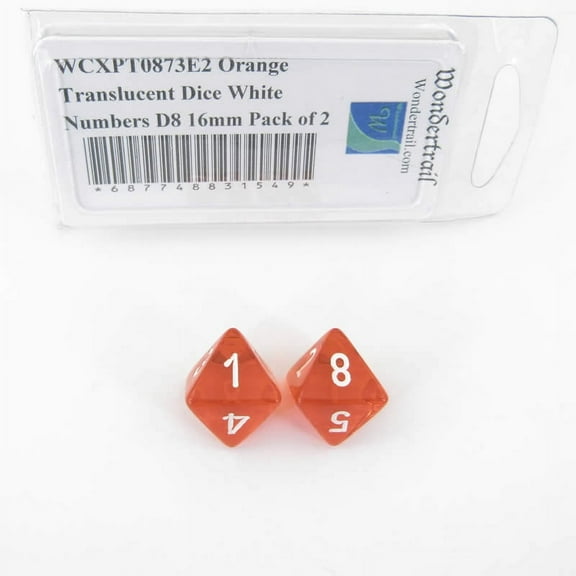 Orange Translucent Dice with White Numbers D8 Aprox 16mm (5/8in) Pack of 2 Wondertrail