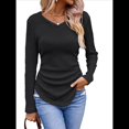 thumbnail image 3 of Camisas de Larga para Mujer, Cuello en V, Punto Acanalado, Corte Entallado, Suéter Ligero, Blusas Informales Elegantes de Otoño Negro S, 3 of 8