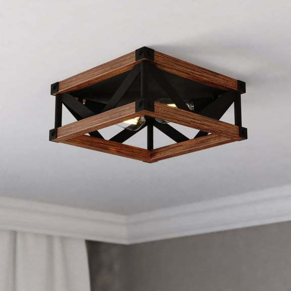 Wade 13-in W Black Rustic Square Open Cage Flush Mount Ceiling Light Fixture