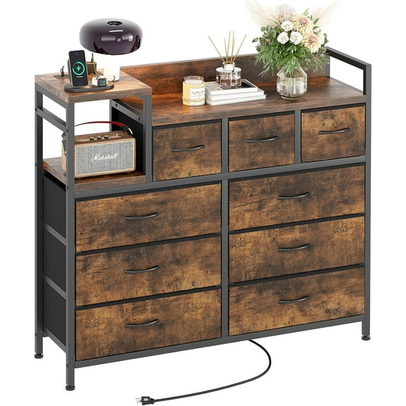 39" 9-Drawer Dresser w/ Charging, Shelf - for Bedroom, Living Room, Hallway,Brown