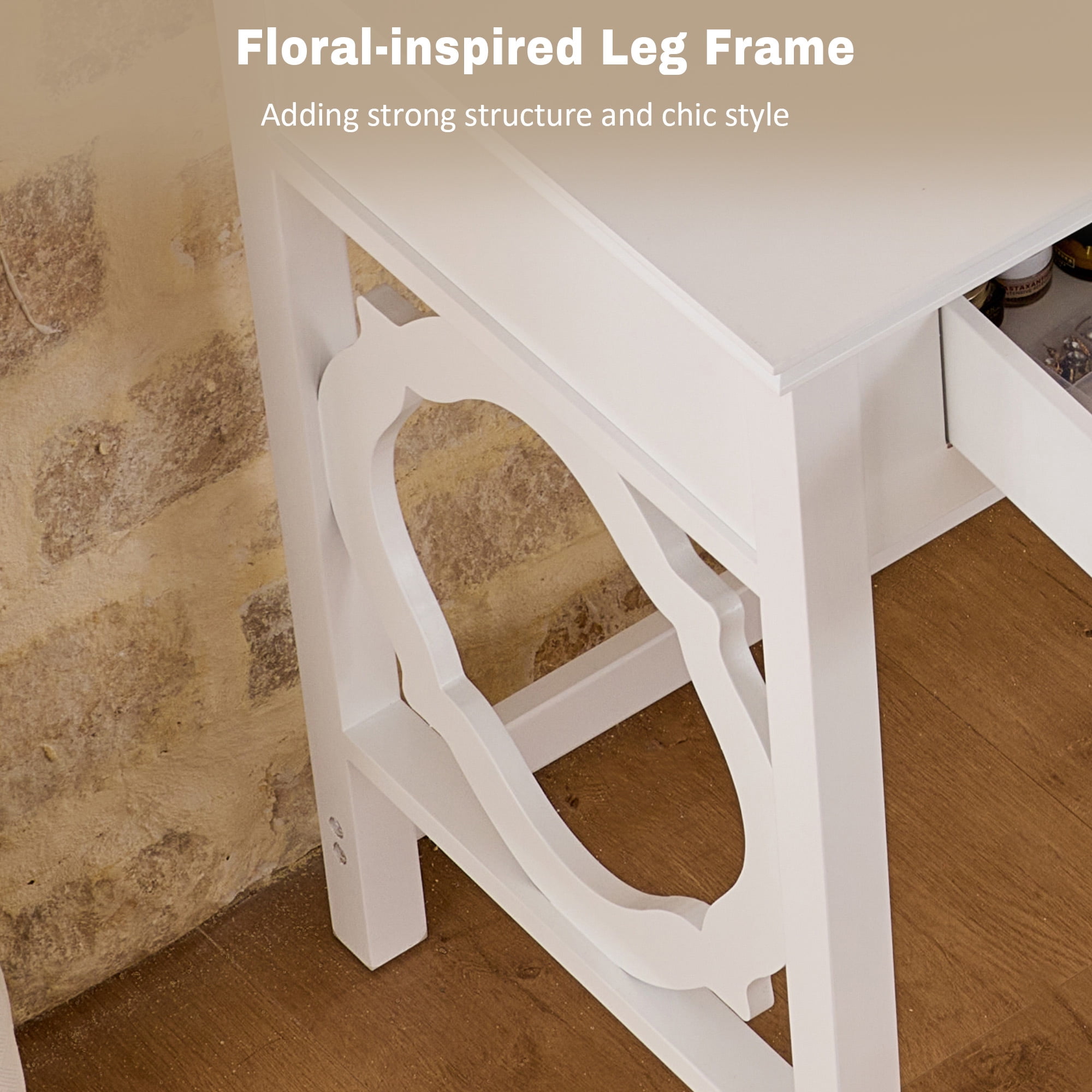 Leumius White Vanity Table Set with Reversible Mirror,Small Makeup Vanity Desk Dressing Table with Stool for Small Places,Bedroom