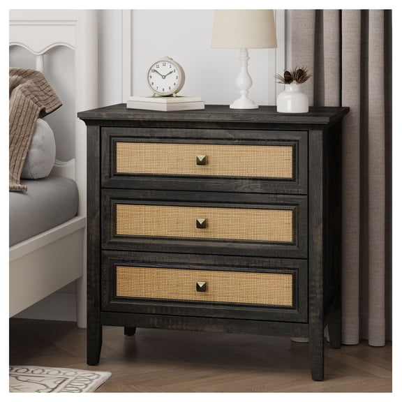 Rattan 3 Drawer Dresser - Wood Chest of Drawers, Farmhouse Nightstand