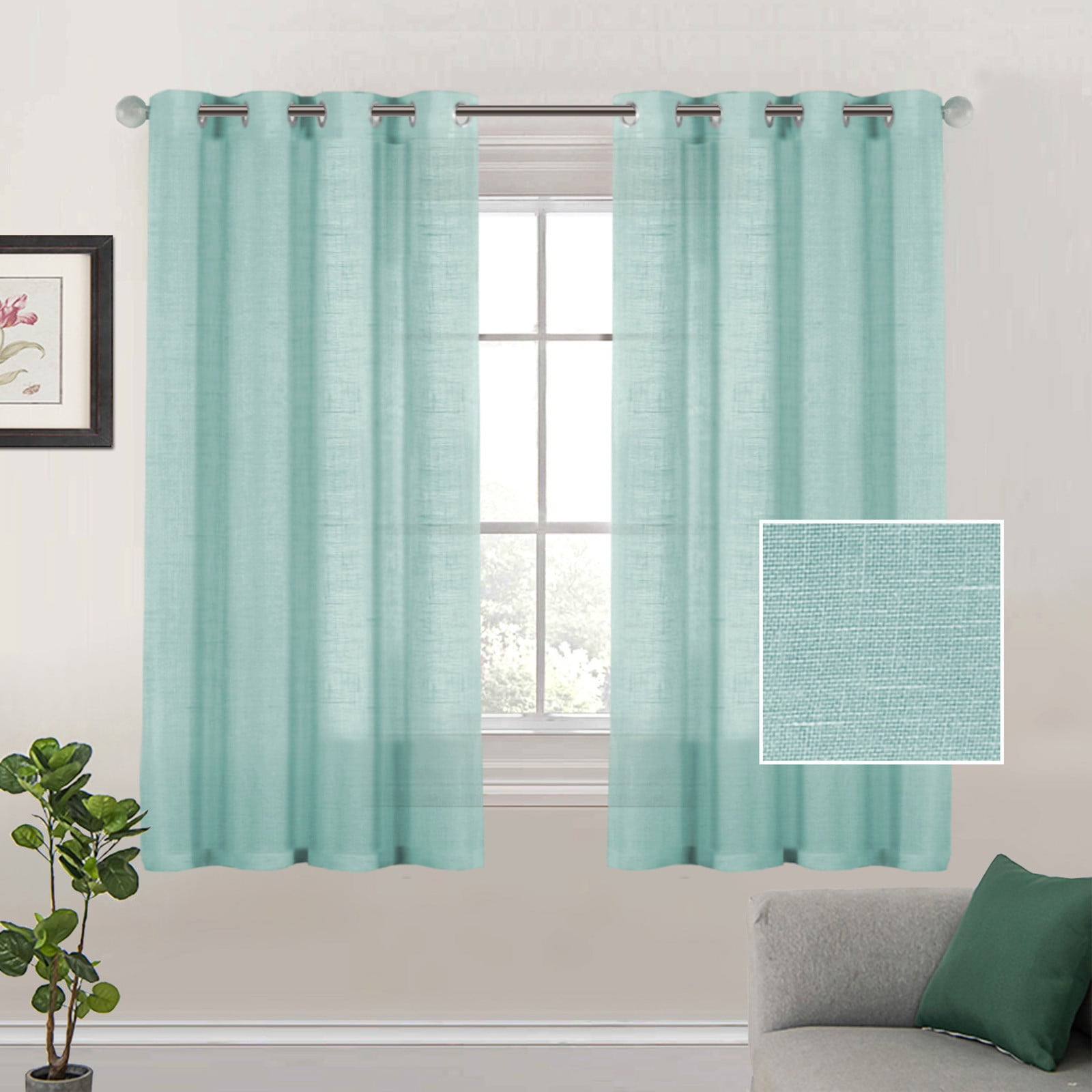 2 Curtains Linen Sheer Curtains 63 Inch Length Semi Sheer Curtains Silver Linen Curtain Panels for Living Room/Bedroom Light Filtering Curtains 2 Panels