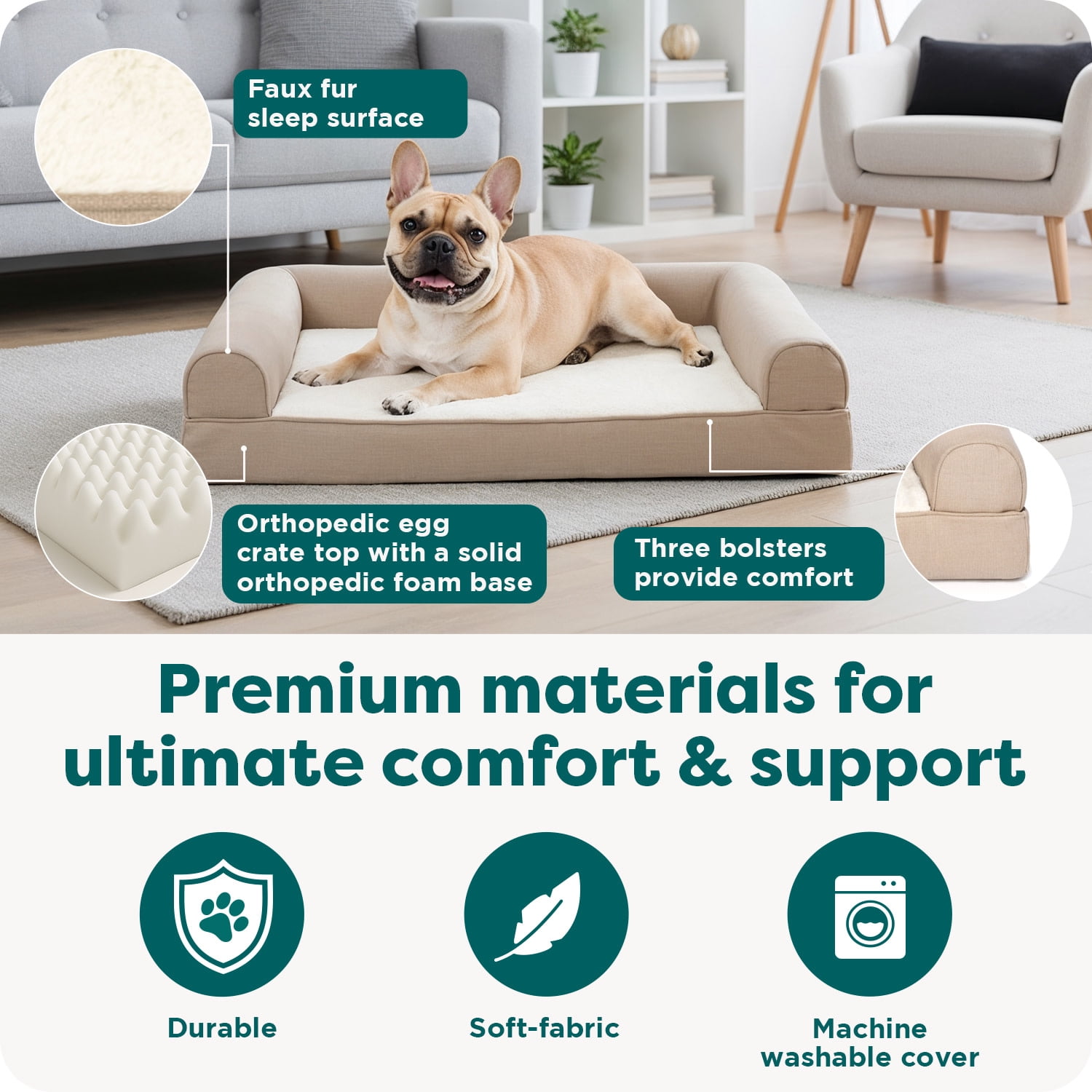 FurHaven Pet Products Medium Plush & Performance Linen Orthopedic Sofa Dog Bed, Flax
