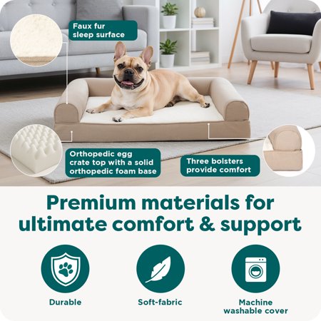 FURHAVEN PLUSH & PERFORMANCE LINEN ORTHOPEDIC SOFA PET BED FOR DOGS & CATS – FLAX, LARGE