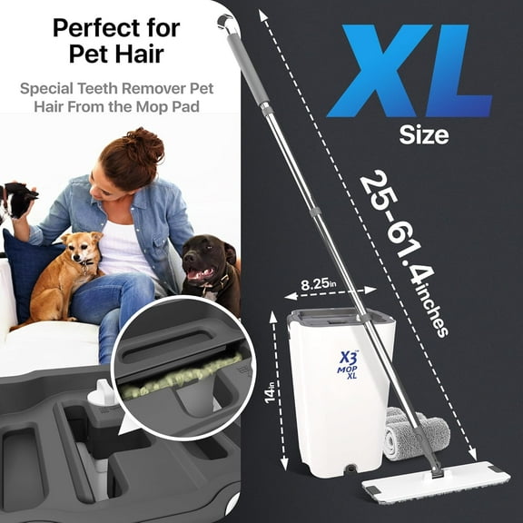 X3 Mop  - 3-Chamber Design, Flat Mop and Bucket Set with 3 Reusable Microfiber Pads for Efficient Home Floor Cleaning