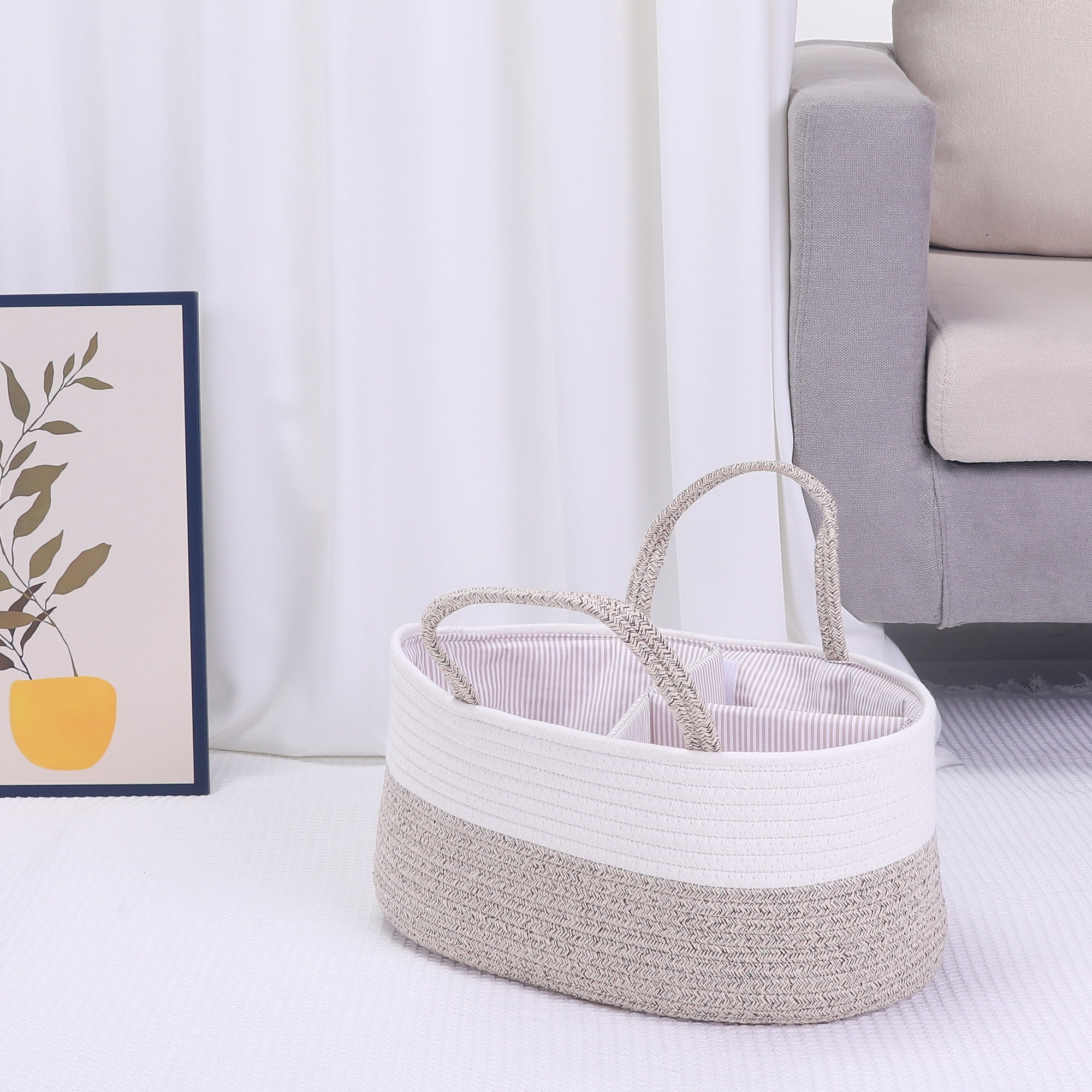 Unique Bargains 1 Pack Woven Storage Basket Bin with Divider and Handle White Beige S
