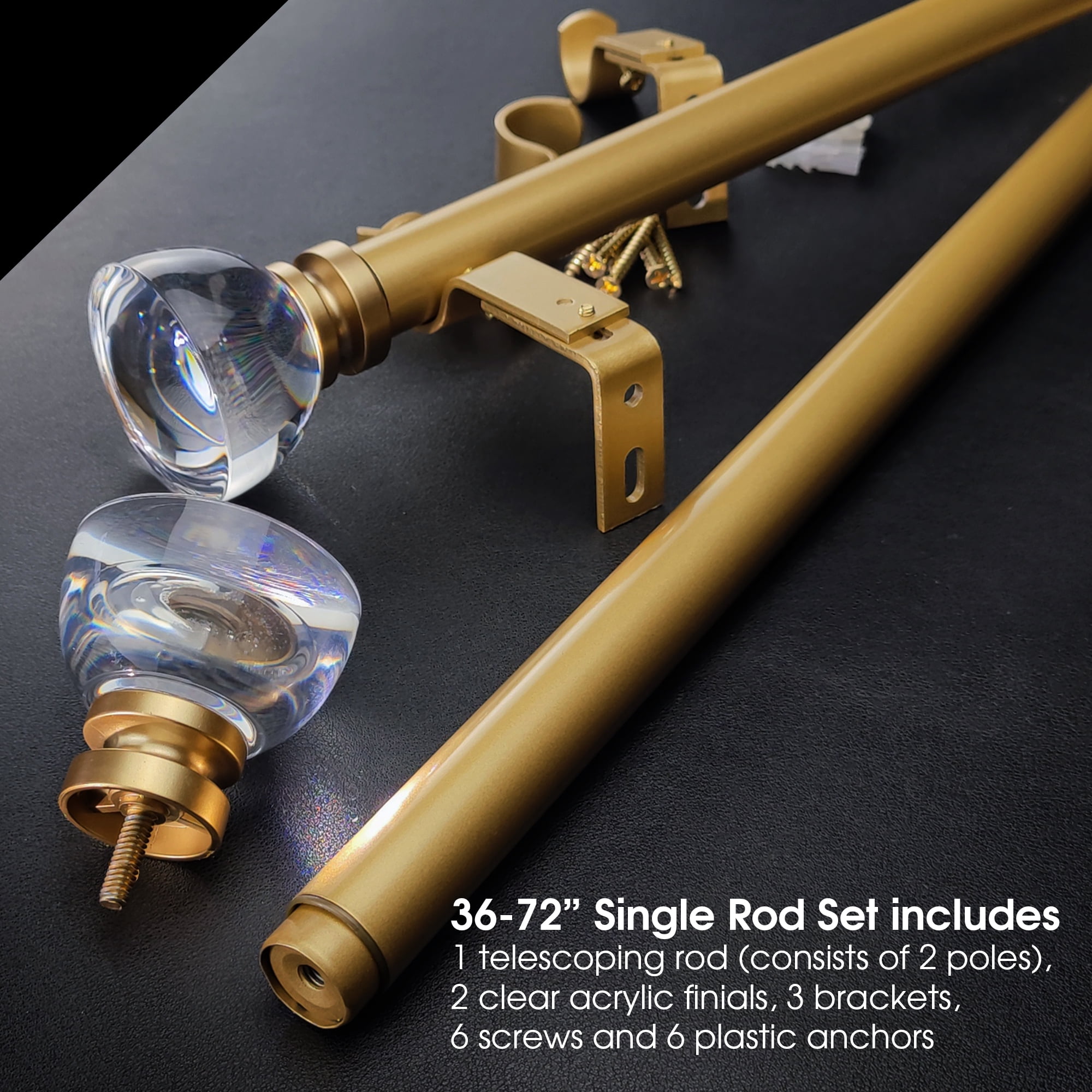 SKYPLUS LIVING 1 inch Window Curtain Rod with Acrylic Finials Set, Adjustable 72-144 in,Gold
